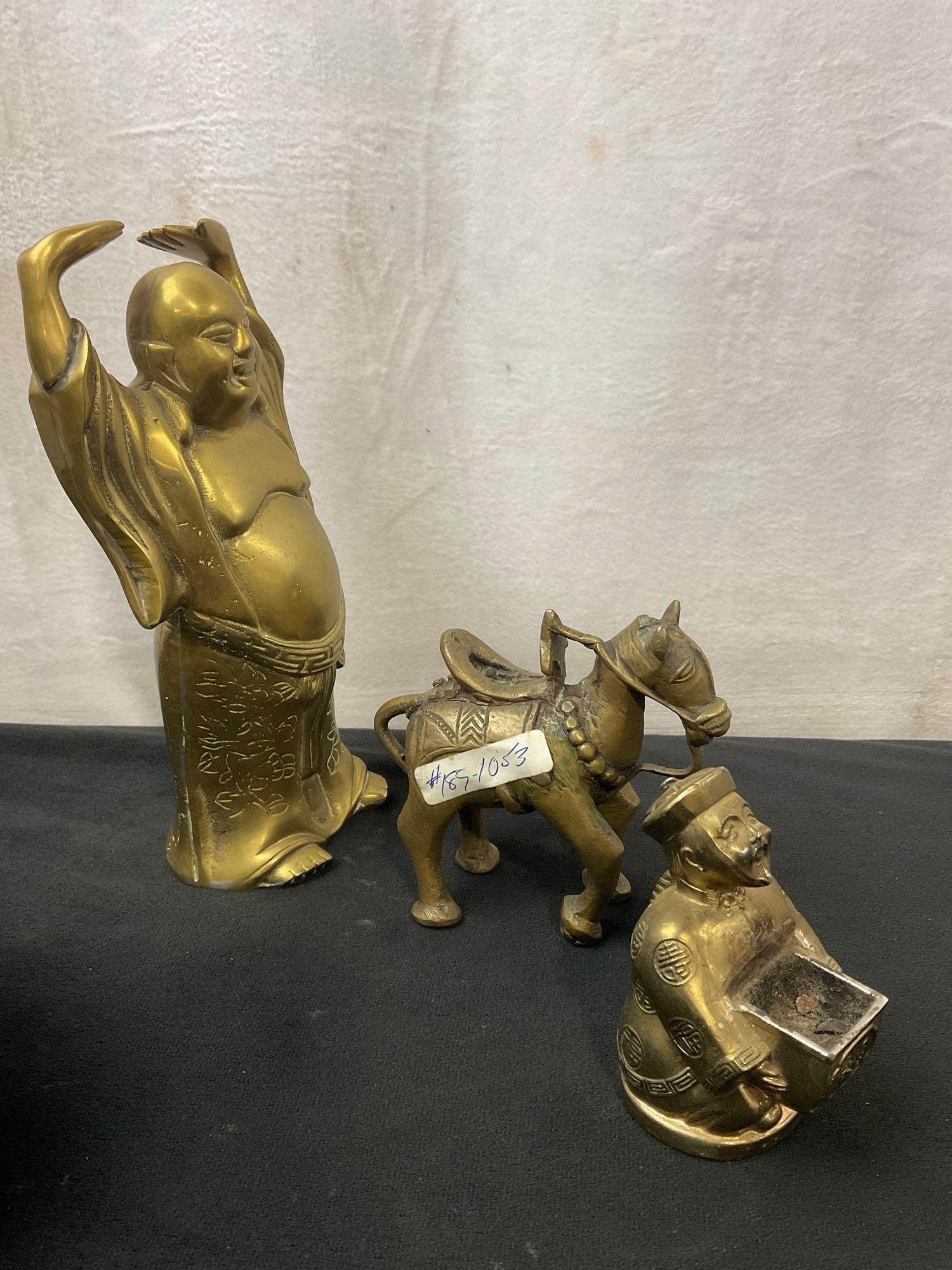 Collection of Asian Brass Pieces, Japanese Official, Horse figure, Buddha Statue, Teapot and plate