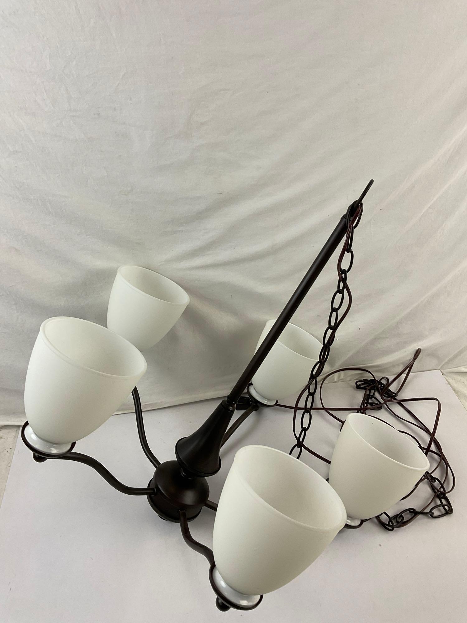 Vintage Dark Brown Metal Hanging Ceiling Lamp w/ 5 Lights & Frosted Glass Shades. See pics.