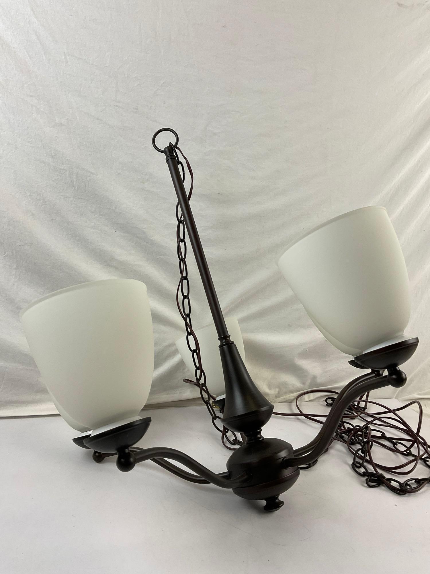 Vintage Dark Brown Metal Hanging Ceiling Lamp w/ 5 Lights & Frosted Glass Shades. See pics.