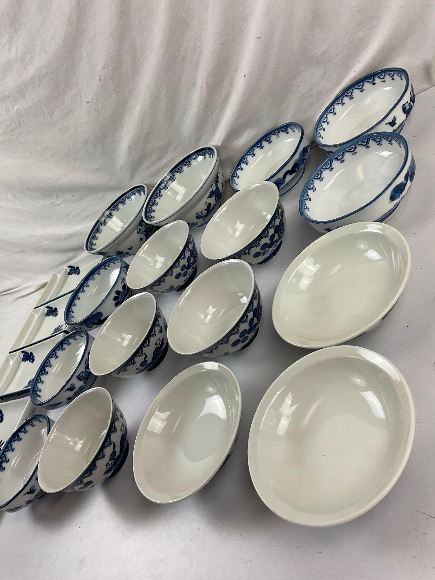 21 pcs Vintage Blue & White Japanese Ceramic Dish Assortment w/ Children Design. See pics.