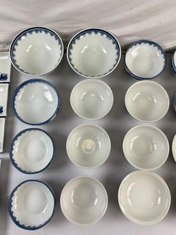 21 pcs Vintage Blue & White Japanese Ceramic Dish Assortment w/ Children Design. See pics.