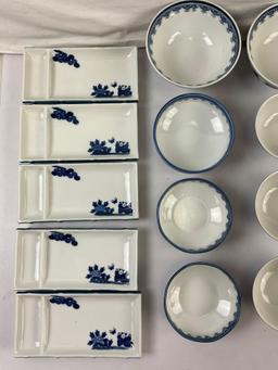 21 pcs Vintage Blue & White Japanese Ceramic Dish Assortment w/ Children Design. See pics.