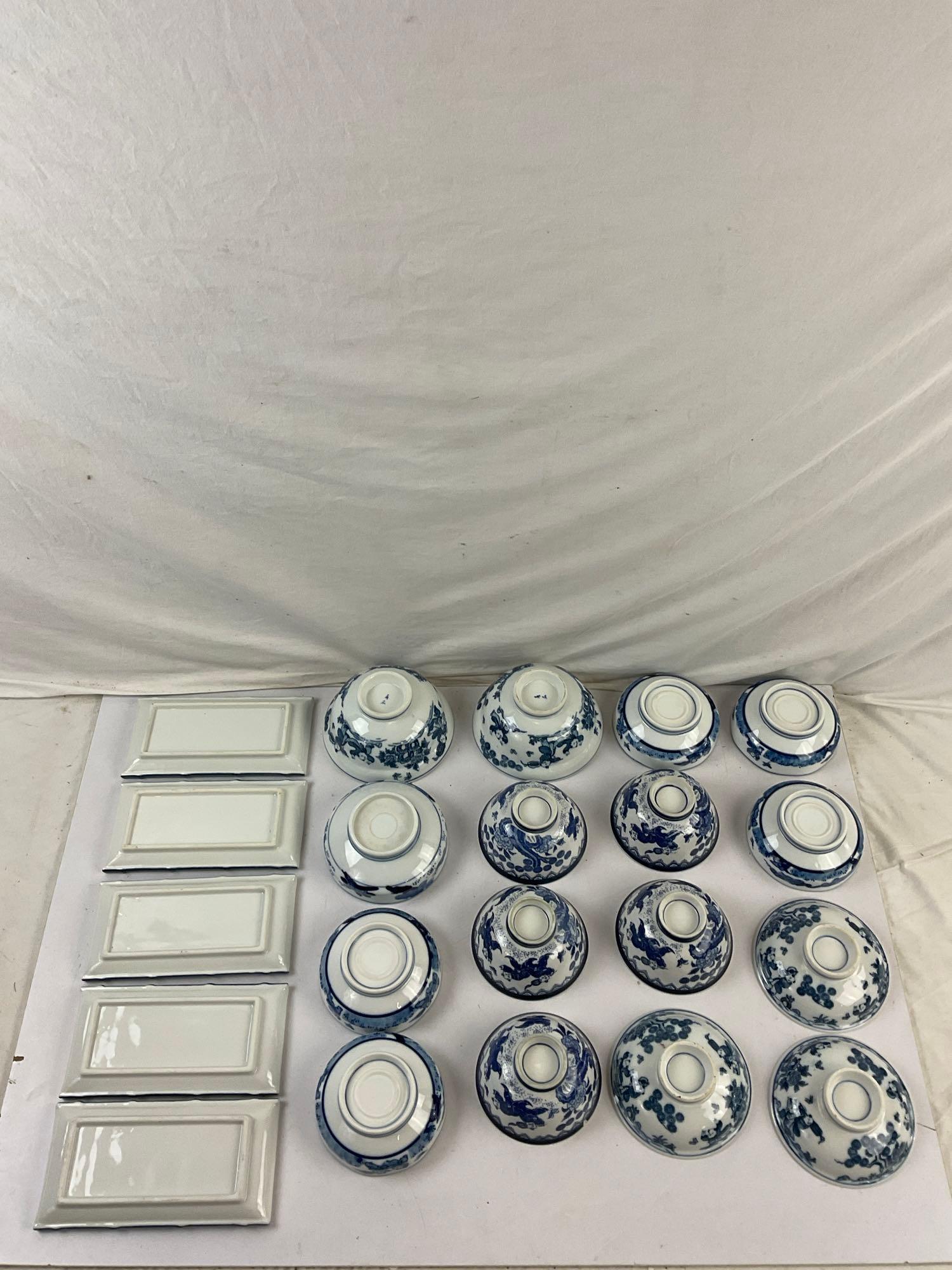 21 pcs Vintage Blue & White Japanese Ceramic Dish Assortment w/ Children Design. See pics.