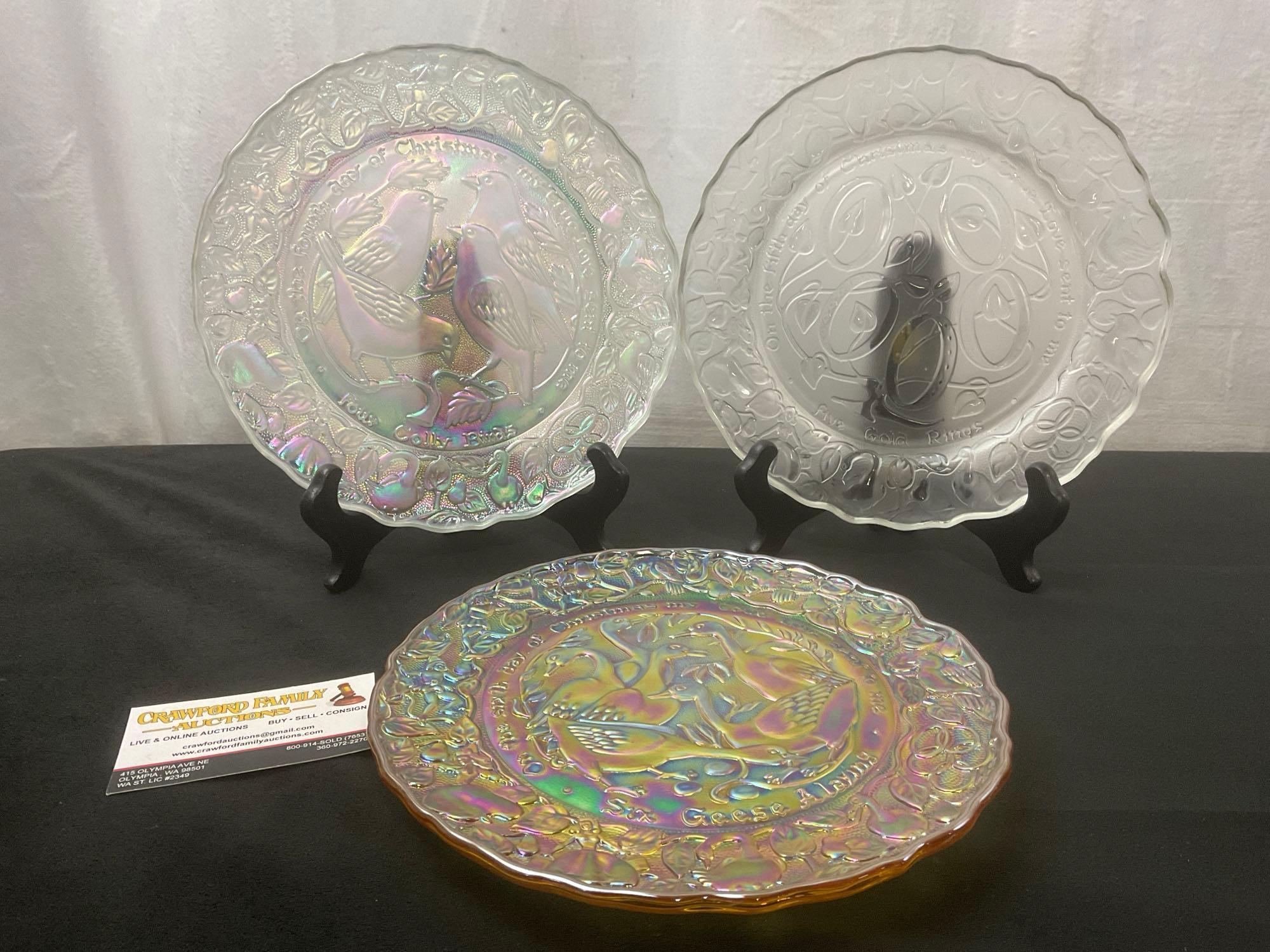 3 Imperial Days of Christmas Carnival Glass Plates, Partridge in a Pear Tree, Days Four, Five, Six