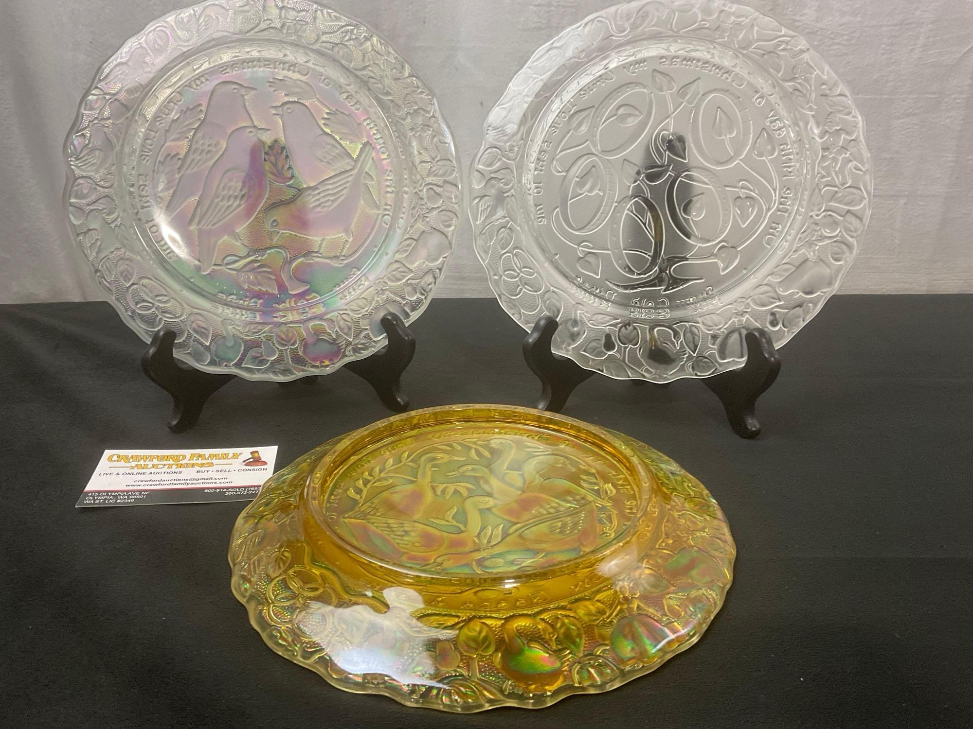 3 Imperial Days of Christmas Carnival Glass Plates, Partridge in a Pear Tree, Days Four, Five, Six