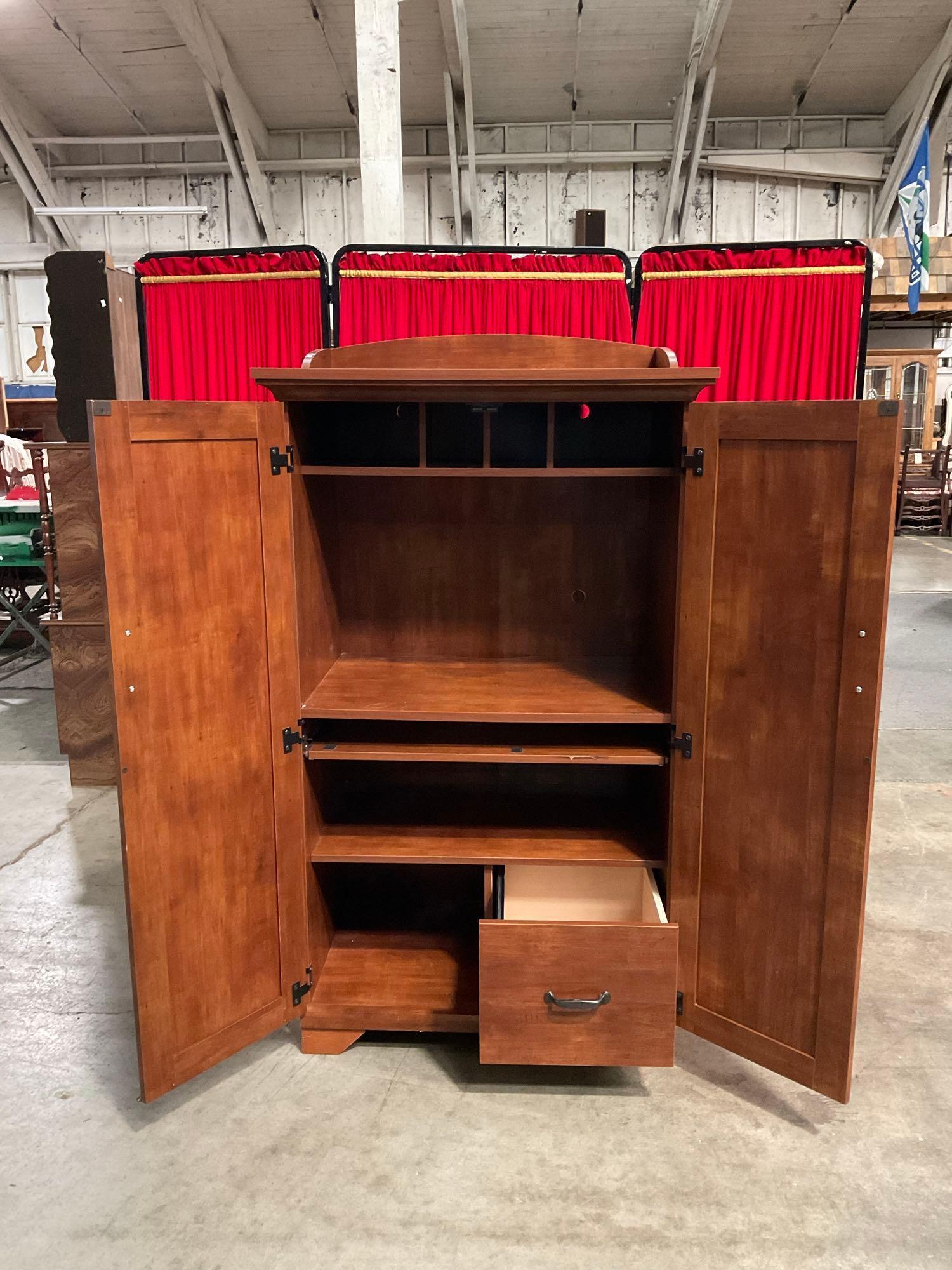 Modern Sauder Wooden Media Cabinet w/ Pull Out Shelf, 6 Compartments & 1 Drawer. See pics.