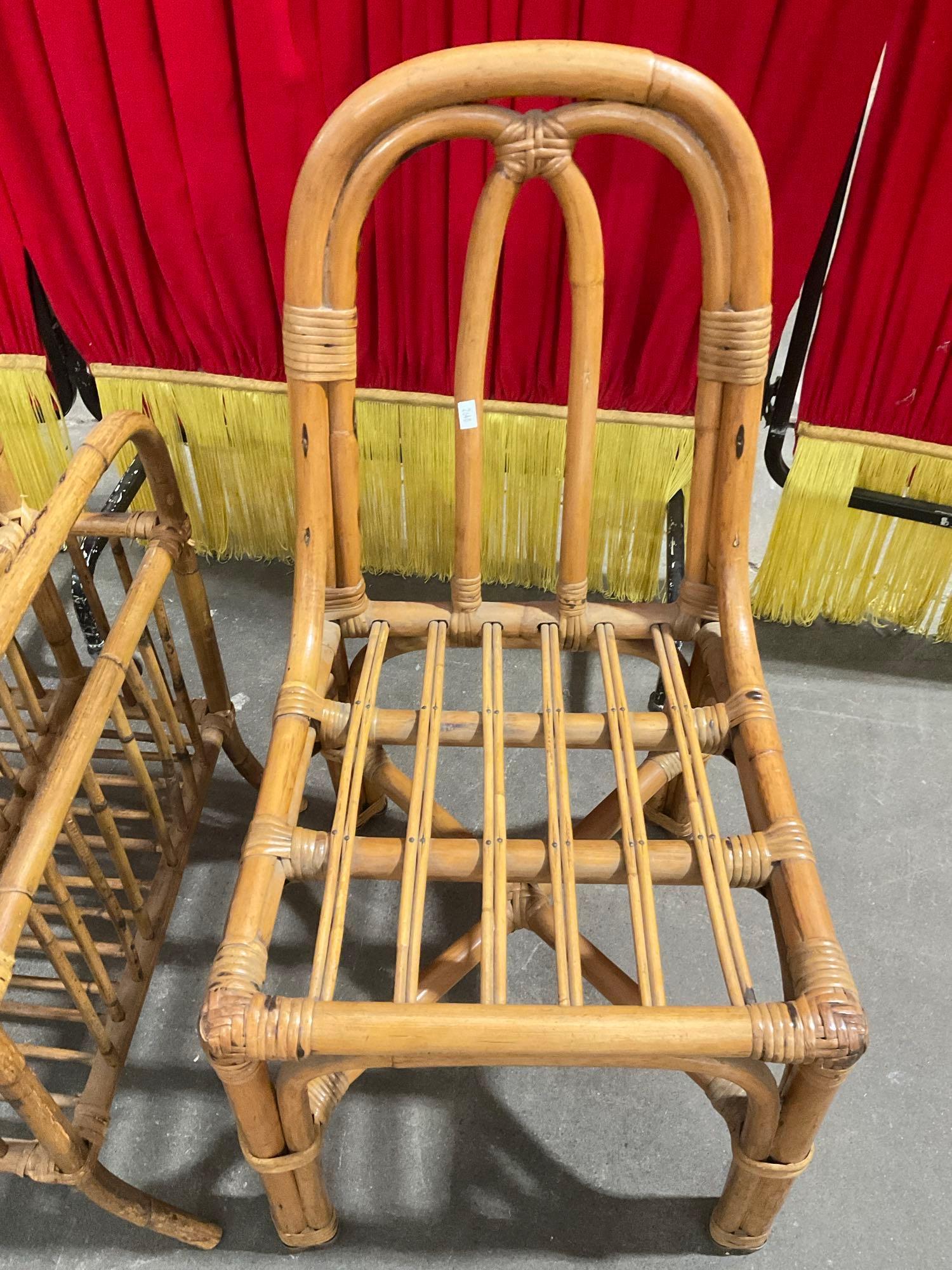 Duo of Mid Century Rattan Magazine Rack & Rattan Children's Chair