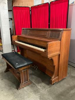 Vintage Wheeled Wooden Piano No. 139392 & Suede Topped Piano Stool w/ Compartment. See pics.