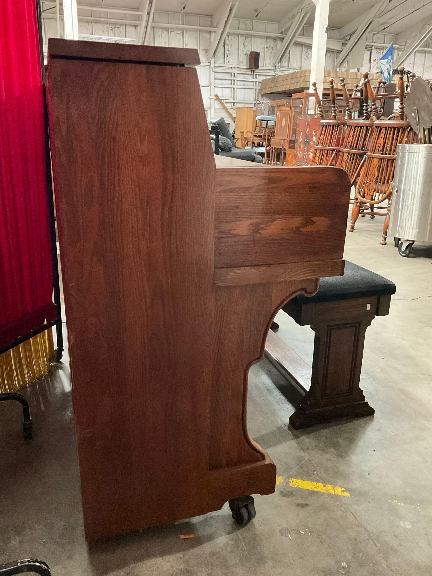 Vintage Wheeled Wooden Piano No. 139392 & Suede Topped Piano Stool w/ Compartment. See pics.