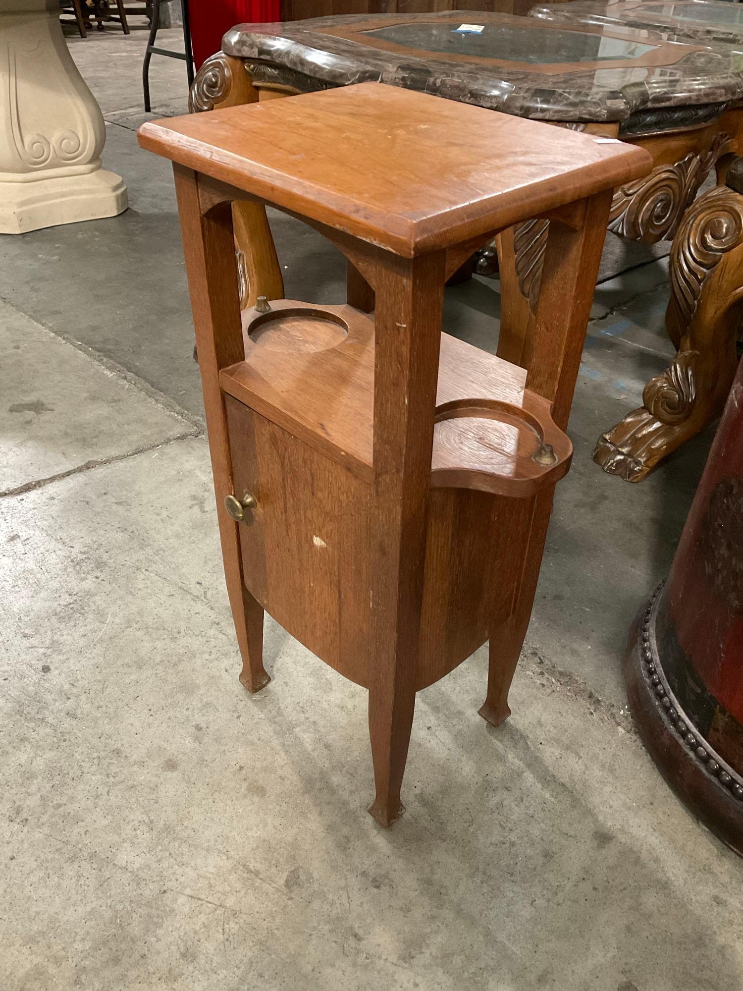 Antique Small Wooden Drinks Stand w/ 2 Tiers, 2 Bottle Holders & Cupboard. Stands 26" Tall. See