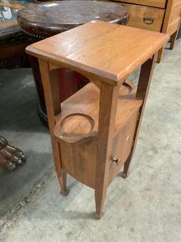 Antique Small Wooden Drinks Stand w/ 2 Tiers, 2 Bottle Holders & Cupboard. Stands 26" Tall. See