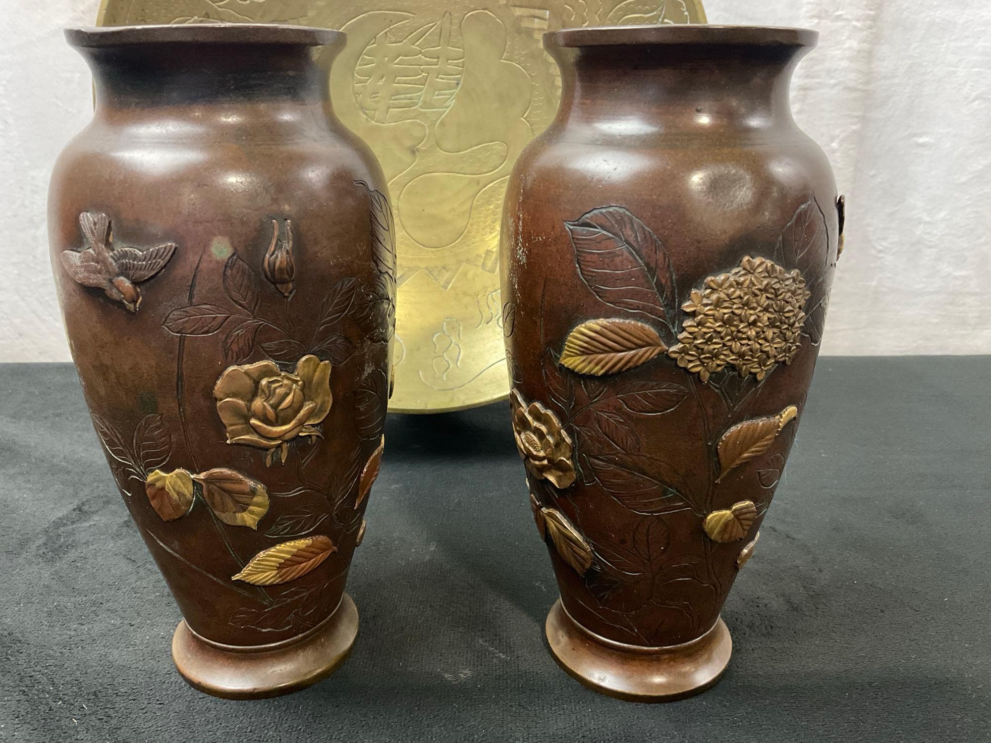 Chinese Etched Brass Dish, Pair of Japanese Bronze Vases and Pewter Carving on Rock