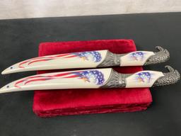 Pair of Patriotic Fixed Blade Daggers w/ Cases with Eagle Motifs, 7.5 inch blades