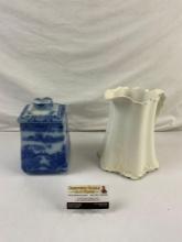 2 pcs Vintage Ceramic Containers. Blue Willow Ringtons Tea Jar & Cream Radisson Pitcher. See pics.