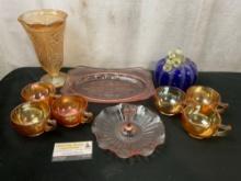 Carnival Glass 6x cups, Large Urn Vase, Depression Glass serving plate& Platter, Cobalt Blue Pump...