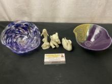 Trio of Lenox pieces, Art Glass Bowl & Glazed Purple & Beige Pottery Bowl