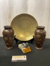 Chinese Etched Brass Dish, Pair of Japanese Bronze Vases and Pewter Carving on Rock