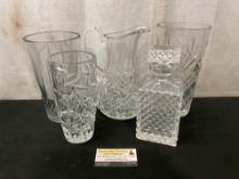 Group of 5 Crystal Pieces, 3x Vases, Decanter, Pitcher