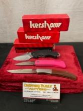 Trio of Modern Kershaw Knives, D.W.O. Classic 3000Pink, Wild Turkey 4150, Shuffle 8700