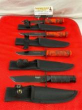 4 pcs 4.5" Fixed Blade Steel Hunting Knives w/ Canvas Sheaths. 3x TigerUSA, 1 Unmarked. See pics.