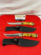 Pair of 5" Stainless Steel Fixed Blade Hunting Knives w/ Faux Antler Handles & Canvas Sheathes. See