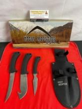 3 pc Rocky Mountain Steel Fixed Knife Hunting Knife Gift Set w/ Canvas Sheath Model KC202. NIB. See