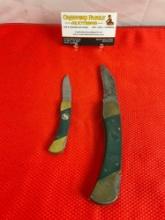 2 pcs Vintage Coyote Steel Folding Knives. 2.5" & 3.5" Blades w/ Brass & Composite Handles. See