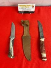 2 pcs Vintage Remington Steel Fixed Blade Hunting Knives Models RH3 & RH73. 1 Sheath. See pics.