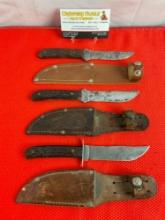 3 pcs Vintage Remington 4" Steel Fixed Blade Hunting Knives w/ Leather Sheathes Model RH-4. See