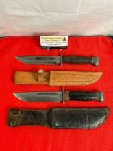 Pair Vintage WWII Era 1936 5.5" Steel Fixed Blade PAL Fighting Knives Model RH-36 w/ Sheathes. See