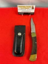 Vintage Buck 3.75" Steel Folding Blade Pocket Knife Model 110 w/ Ebony Handle & Original Sheath. ...