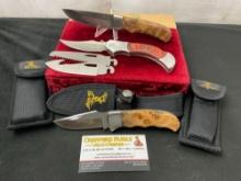 Trio of Elk Ridge Knives, Fixed Blade, Folder w/ Burled Handle, & Folder w/ 3 switchable blades