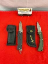 2 pcs Buck Steel Folding Knives w/ Sheathes, Models 422V Bucklite & 731<- w/ Can Opener. See pics.