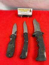 3 pcs Steel Folding Blade Pocket Hunting Knives. 1x Schrade+ CH7, 1x Marble's MR310. See pics.