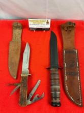 2 pcs Steel Fixed Blade Knives w/ Leather Sheathes. KA-BAR USMC Straight Edge Repro. See pics.