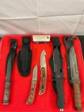 5 pcs Steel Hunting Knives w/ Sheath Assortment. 1x Tiger USA, 2x Hero Edge, 1x ShuangRong. See