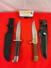 2 pcs 5" Steel Fixed Blade Bowie Knives w/ Sheathes. Unknown Makers & Models. See pics.