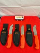 3 pcs Modern Rite Edge Steel Fixed Blade Skinning Knives w/ Orange Handles & Sheathes. See pics.