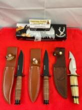 3 pcs The Bone Edge Steel Fixed Blade Hunting Knives w/ Leather Sheathes. 1x 5657. See pics.