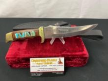 Unique Bear Hunter Skinning Knife w/ Turquoise inlaid Brass & Wood Handle & Leather Sheath