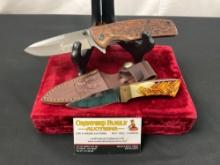 Pair of Knives, Browning NIB X45 Folder engraved handle scales & The Bone Edge 5666 w/ Leather sh...