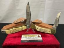 Pair of Vintage Schrade Scrimshaw Folding Pocket Knives, Models SC500 & SC507, w/ Leather Sheaths