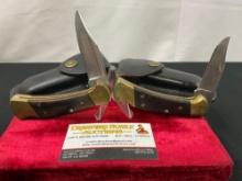 Pair of Vintage Buck 112 Folding Pocket Hunting Knives, Brass and Wooden handles