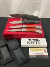 4x Folding Pocket Knives, 2x NWTF w/ rubber handles, 2x Yang Jin Stainless & Wooden handles