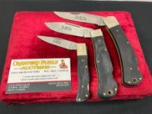 3x I XL Wostenholm Folding Pocket Knives, stainless blades and dark stained wooden handles