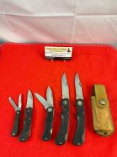 5 pcs Vintage Western Steel Folding Blade Pocket Knives Models 526, 546, & L. 1 Sheath. See pics.