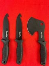 3 pcs WatchFire Camping Hand Tools. 1x Camper's Hatchet 210921 NIB. 2x Hunting Knife 210920. See