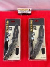 Pair of Schrade 3.5" Steel Folding Blade Hunting Knives w/ Sheathes Model SG8RMCP. NIB. See pics.