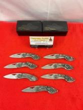 7 pcs Schrade Pewter Series Pocket Knives. 2x Bears, 1x Buffalo, 1x Eagle, 1x Deer, 2x Turkey. NIB.