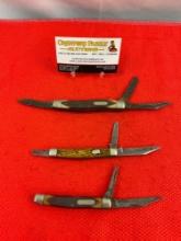 3 pcs Vintage Schrade Steel Folding Blade Pocket Knives Models 6OT, 33OT, 834. As Is. See pics.